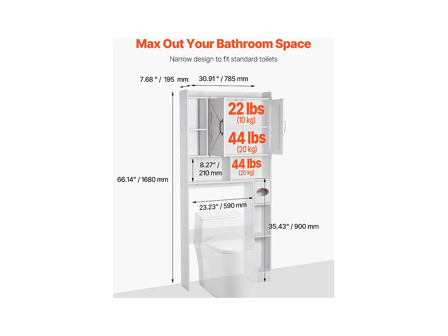 Meuble de Rangement WC SucceBuy, Hauteur 168 cm, Rangement au Dessus des Toilettes ou Machine à Laver, Armoire de Salle de Bain Gain de Place, Blanc