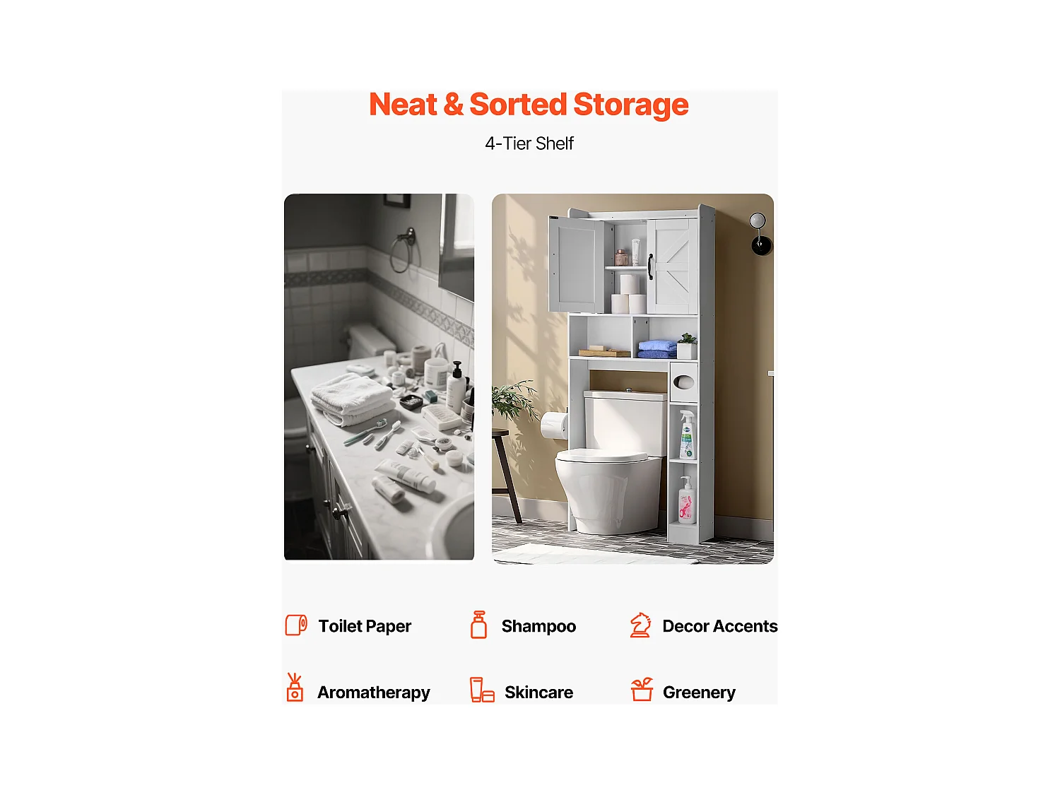 Meuble de Rangement WC SucceBuy, Hauteur 168 cm, Rangement au Dessus des Toilettes ou Machine à Laver, Armoire de Salle de Bain Gain de Place, Blanc