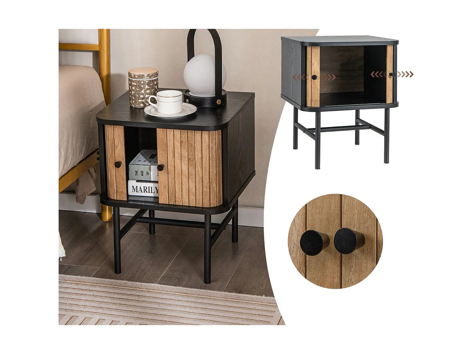 Comodino con ante scorrevoli scomparto chiuso gambe metalliche, Tavolino mid-centuryo laterale per soggiorno Nero