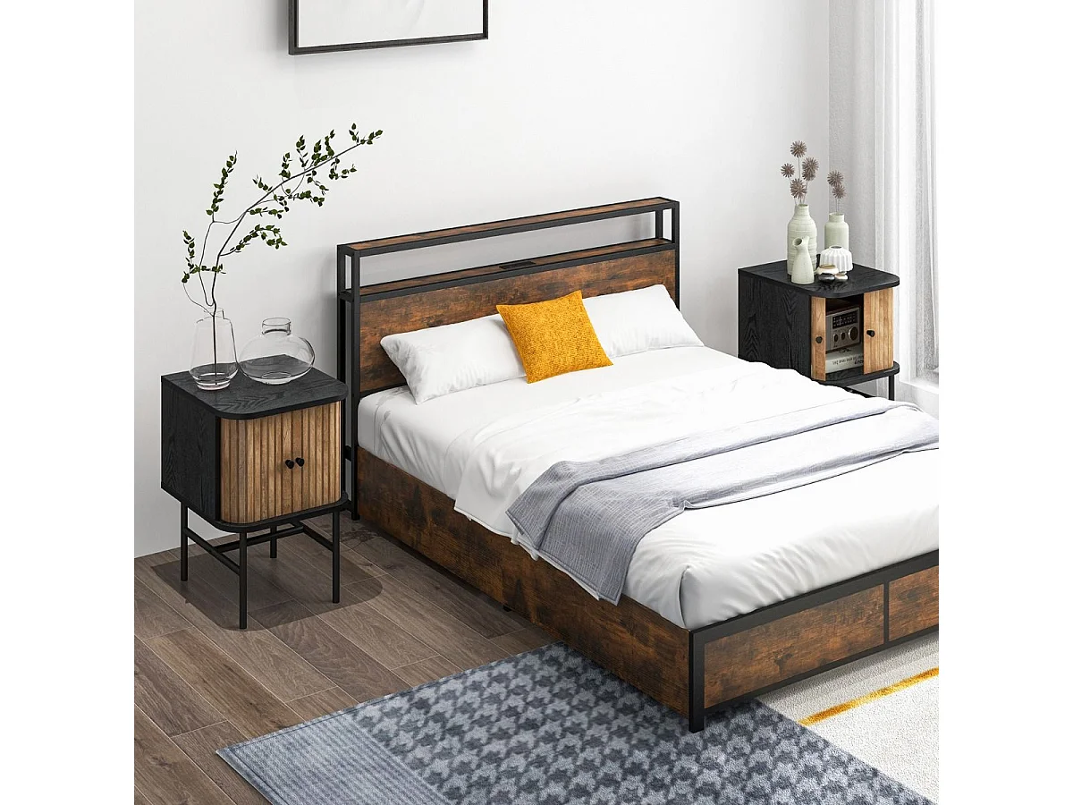 Comodino con ante scorrevoli scomparto chiuso gambe metalliche, Tavolino mid-centuryo laterale per soggiorno Nero