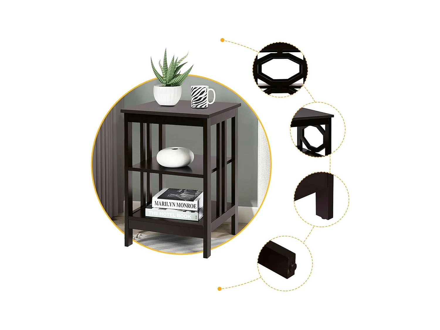 3 Ebenen Nachttisch OO-förmiger Beistelltisch mit Stabile Struktur 40 x 40 x 61 cm Braun