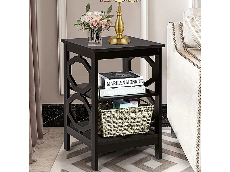 Comodino multiuso a 3 livelli con decorazione a forma di omega, Tavolino laterale di struttura stabile Caffè