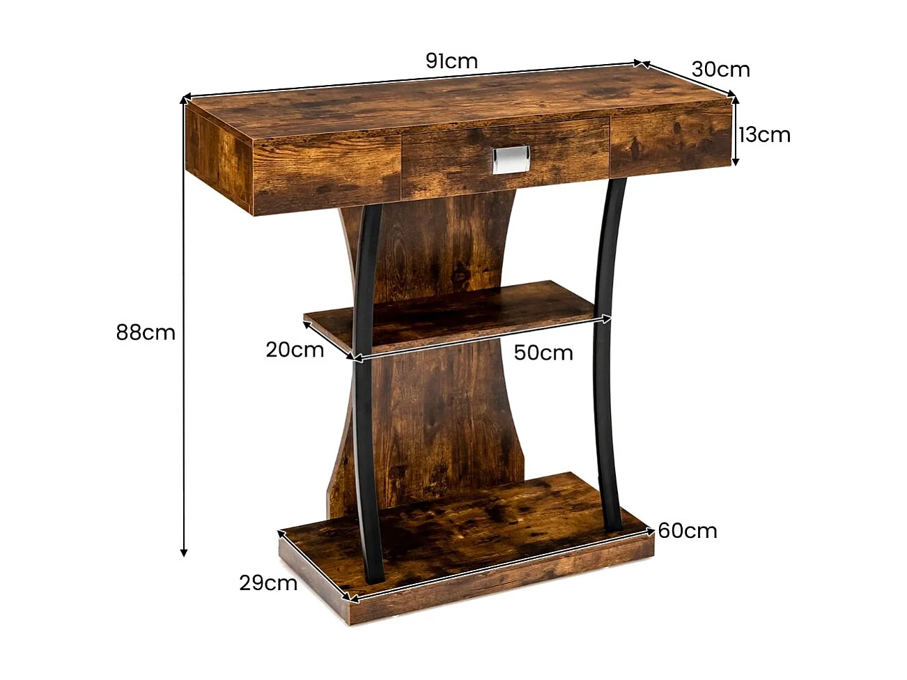 T-Förmiger Konsolentisch für kleine Räume 91 x 30 x 88 cm Rustikales Braun