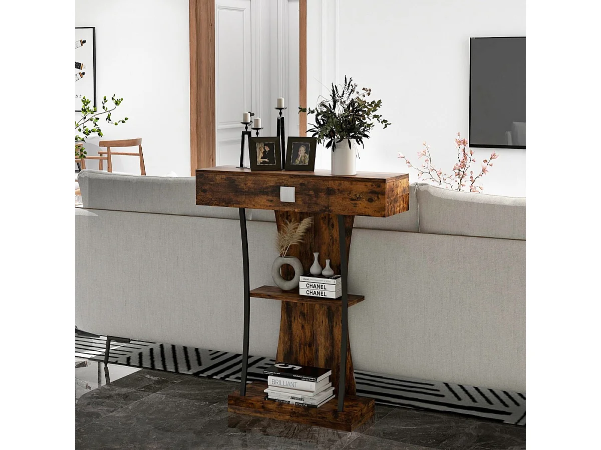 T-Förmiger Konsolentisch für kleine Räume 91 x 30 x 88 cm Rustikales Braun