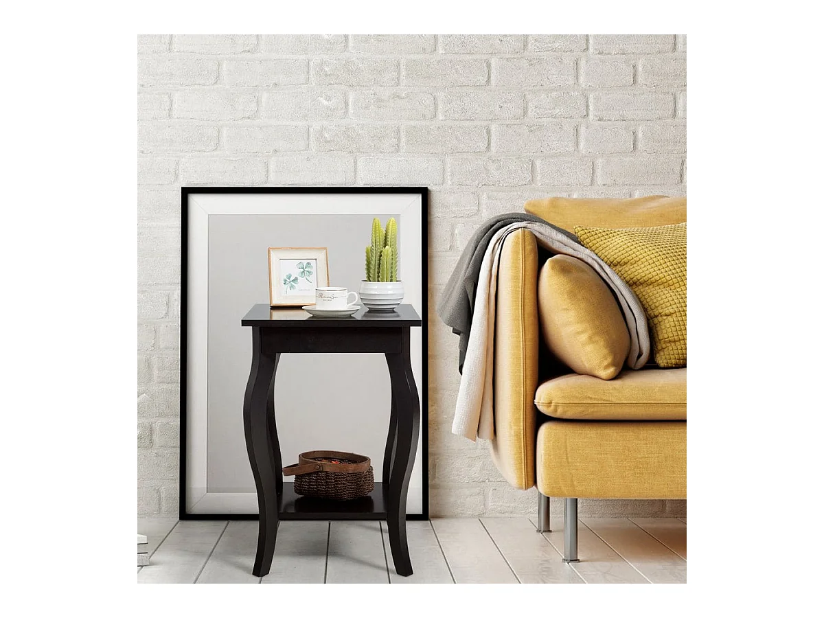 Nachttisch mit Ablage 2 Ebene Beistelltisch aus Holz mit geschwungenen Beinen Braun