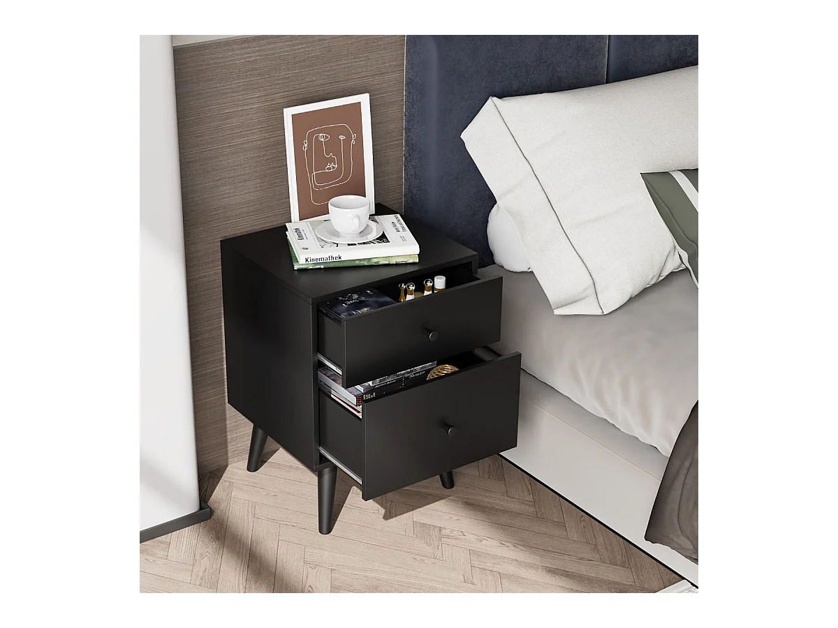 Table de Chevet Table de Nuit à 2 Tiroirs en Bois d'Hévéa Massif de Style Moderne 45 x 40 x 62 CM Noir