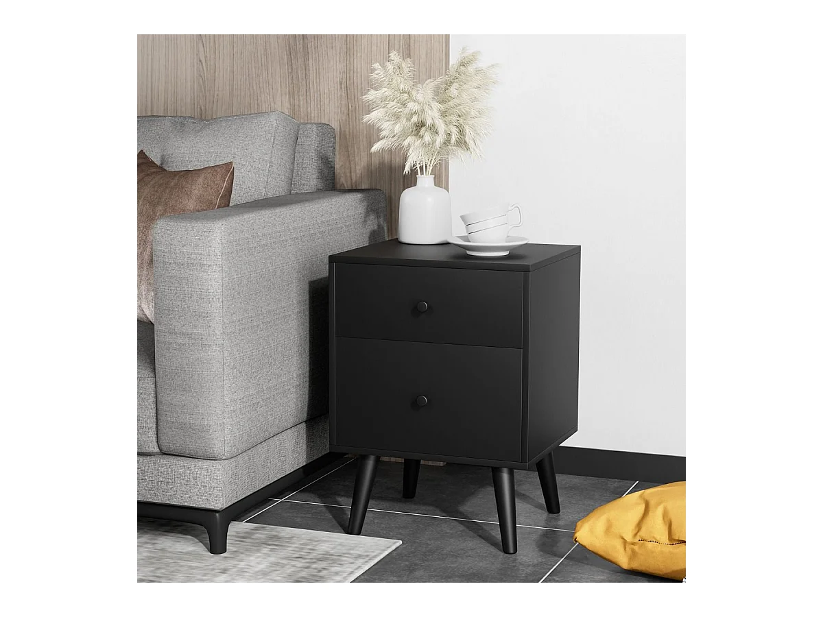 Table de Chevet Table de Nuit à 2 Tiroirs en Bois d'Hévéa Massif de Style Moderne 45 x 40 x 62 CM Noir