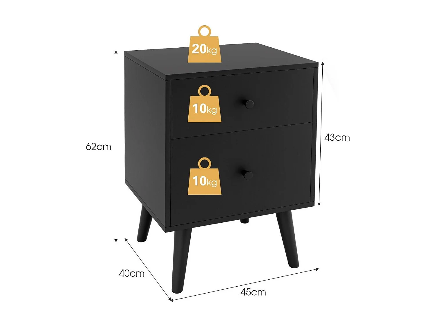 Nachttisch mit 2 Schubladen Beistelltisch mit Massivholzbeinen 45 x 39,5 x 62 cm Eiche