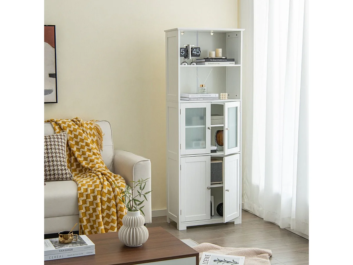 Armadio 163cm con 2 armadietti scomparti aperti ripiani regolabili ante in vetro, Organizzatore da pavimento Bianco