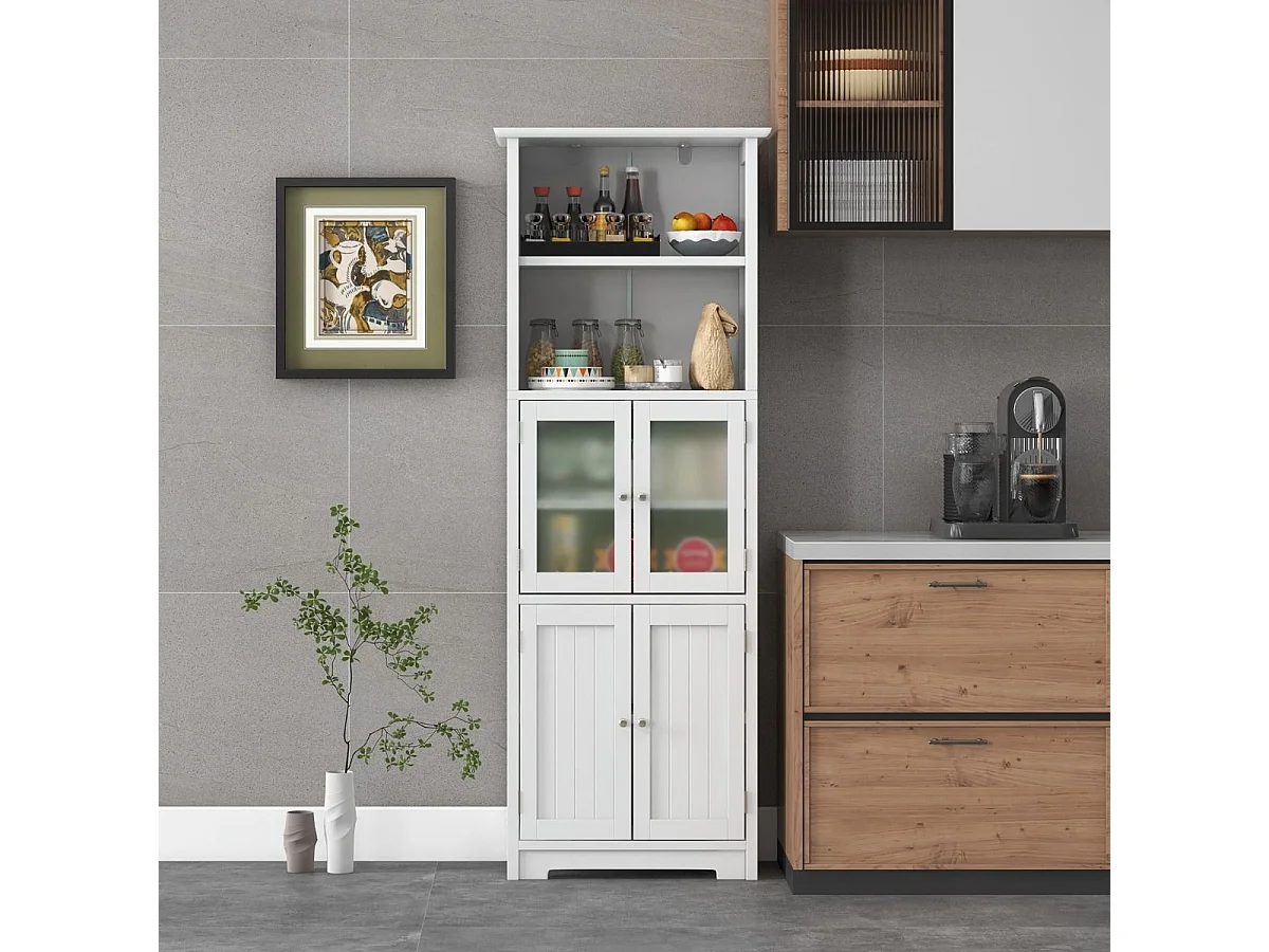 Armadio 163cm con 2 armadietti scomparti aperti ripiani regolabili ante in vetro, Organizzatore da pavimento Bianco