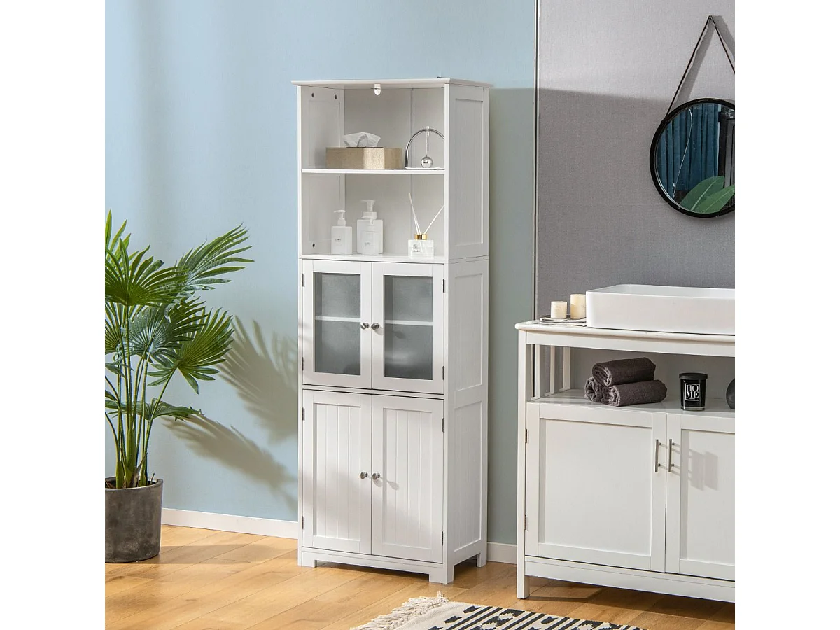 Armadio 163cm con 2 armadietti scomparti aperti ripiani regolabili ante in vetro, Organizzatore da pavimento Bianco