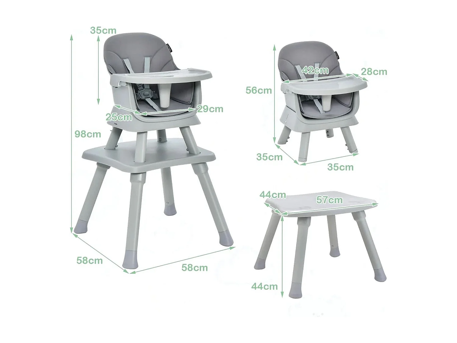 6-in-1 Babyhochstuhl Hochstuhl & Essstuhl & Lerntisch & Bausteintisch & Kindersitzgruppe Grau