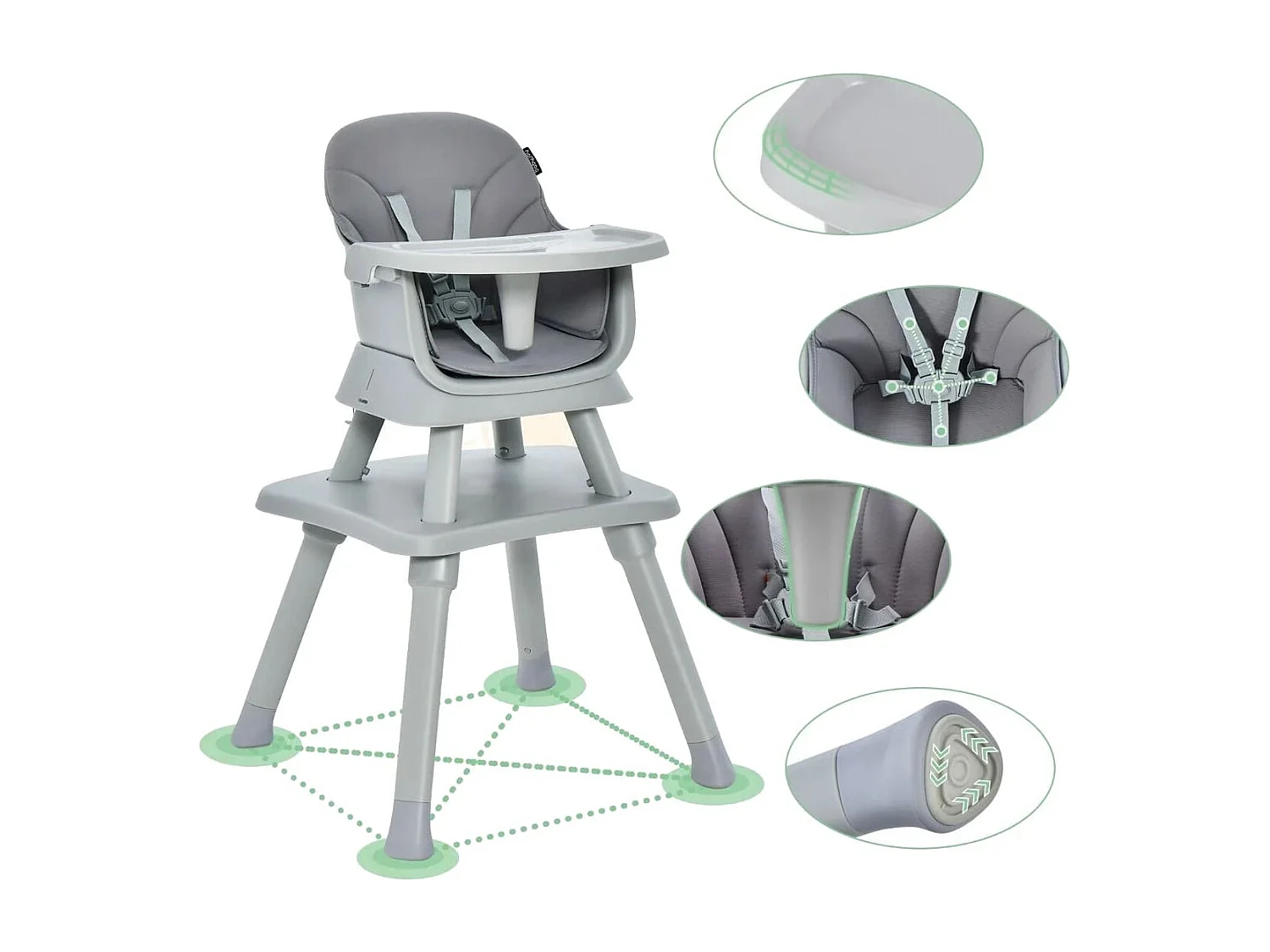 6-in-1 Babyhochstuhl Hochstuhl & Essstuhl & Lerntisch & Bausteintisch & Kindersitzgruppe Grau