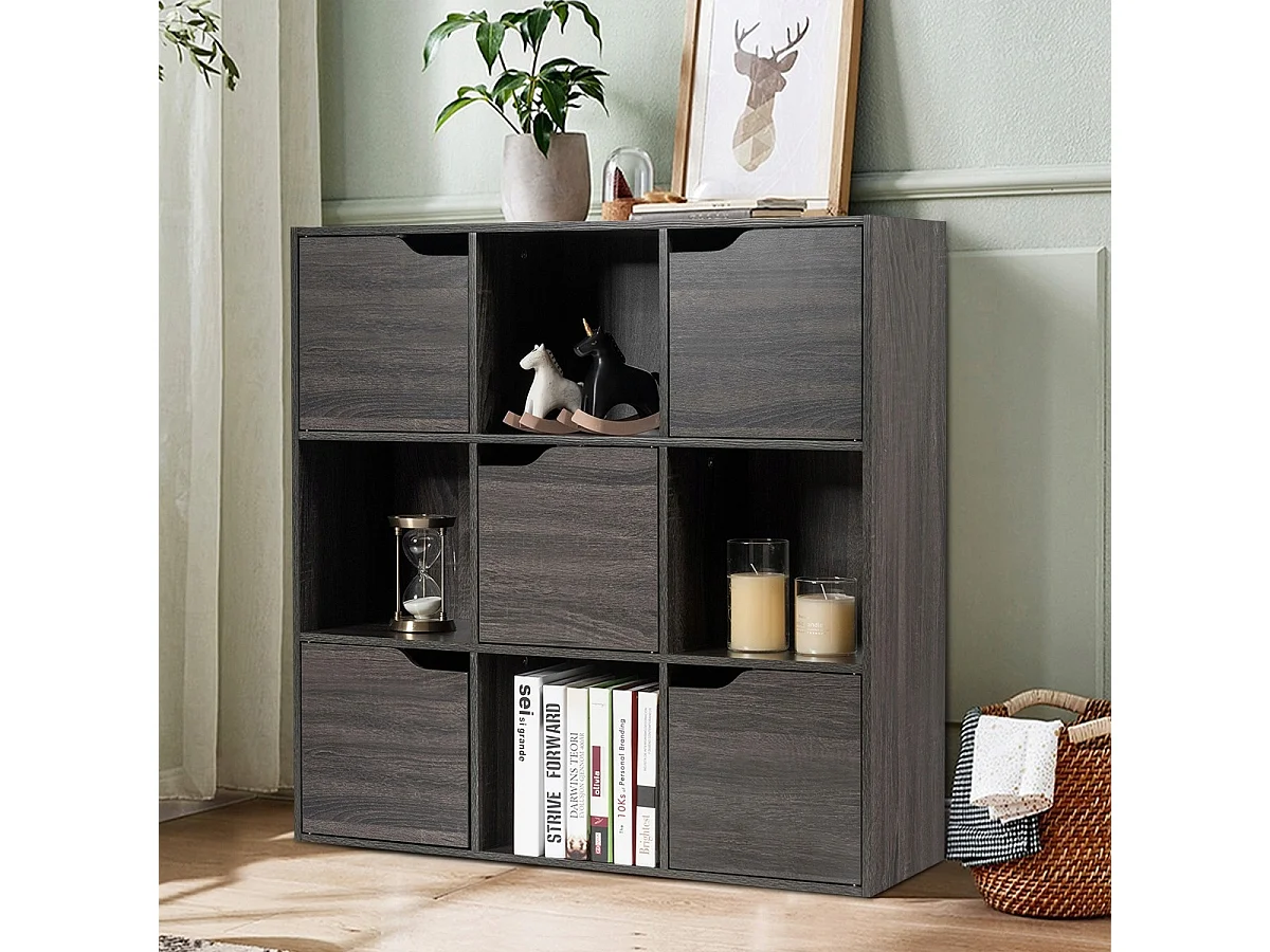 9-Fächer Stauraum Organizer Regal mit Türen freistehendes Holz Bücherregal-Grau