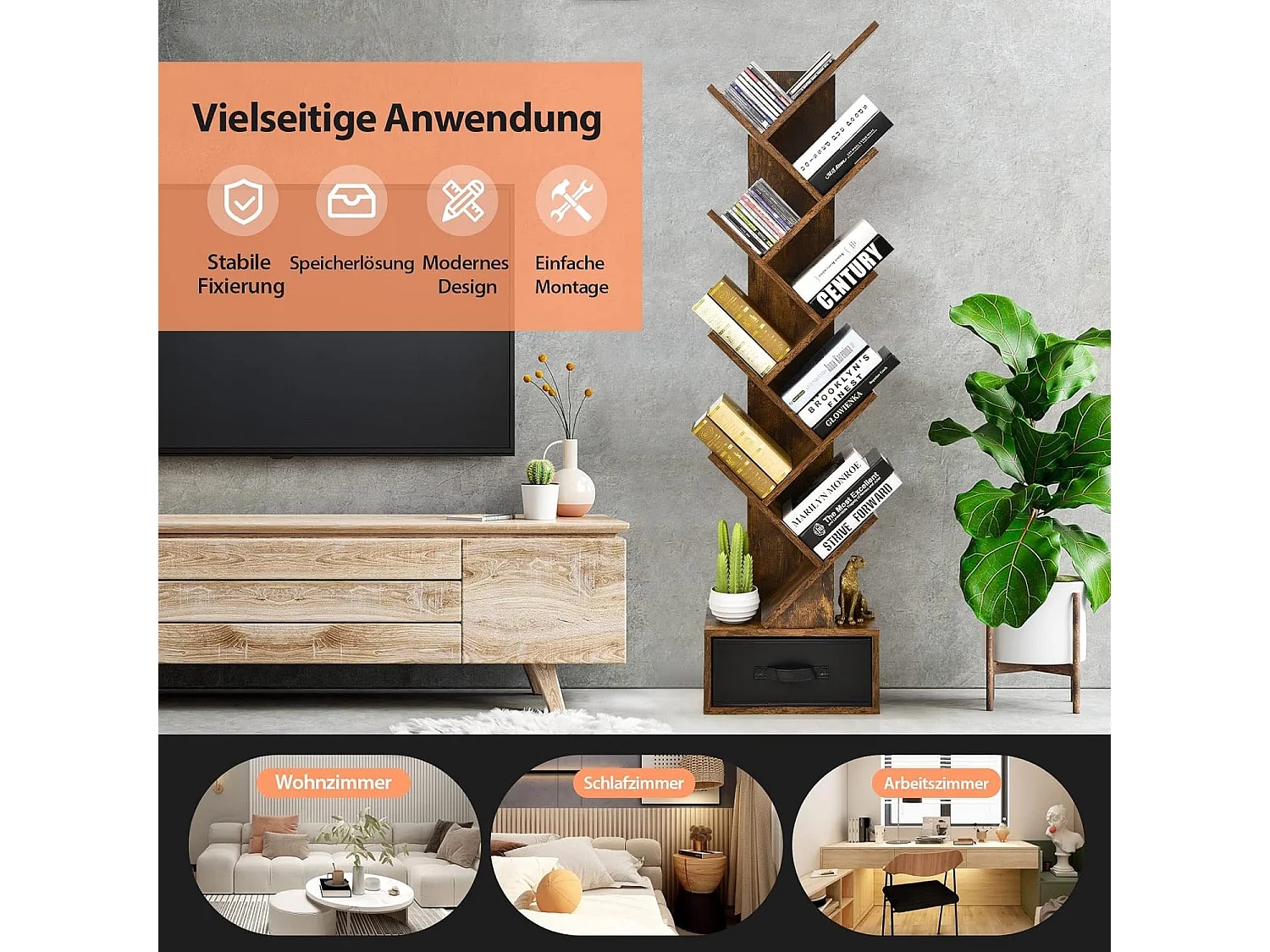 Étagère à 10 Niveaux avec Tiroir Étagère de Rangement au Sol pour CD DVD et Livres pour Chambre Salon et Bureau à Domicile Brun Rustique