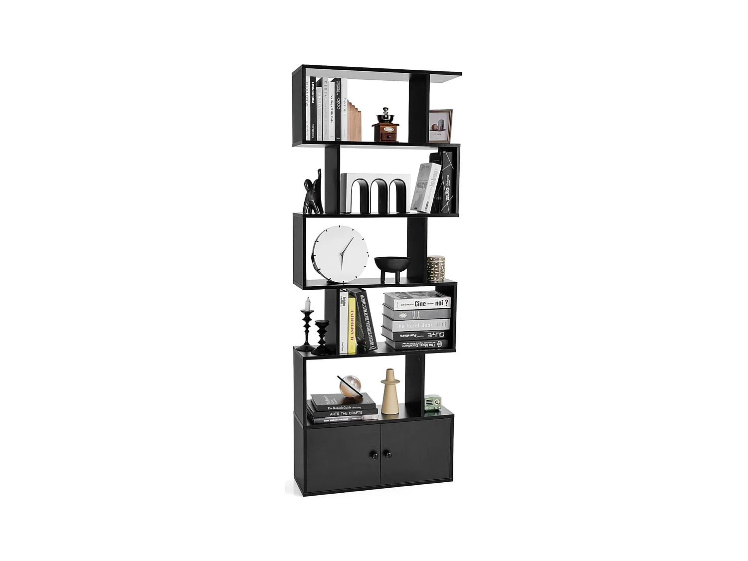 Bibliothèque Étagère Échelle en Bois à 6 niveaux avec 2 Portes 70 x 23 x 183 cm Style Moderne Forme en S Noir