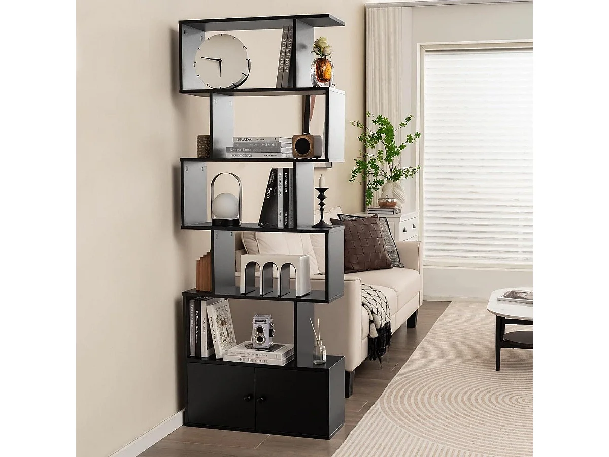 Bibliothèque Étagère Échelle en Bois à 6 niveaux avec 2 Portes 70 x 23 x 183 cm Style Moderne Forme en S Noir