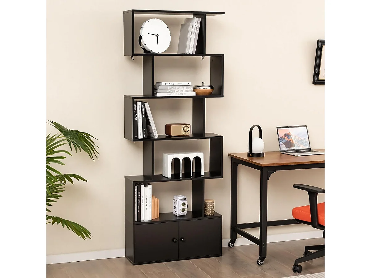 Bibliothèque Étagère Échelle en Bois à 6 niveaux avec 2 Portes 70 x 23 x 183 cm Style Moderne Forme en S Noir