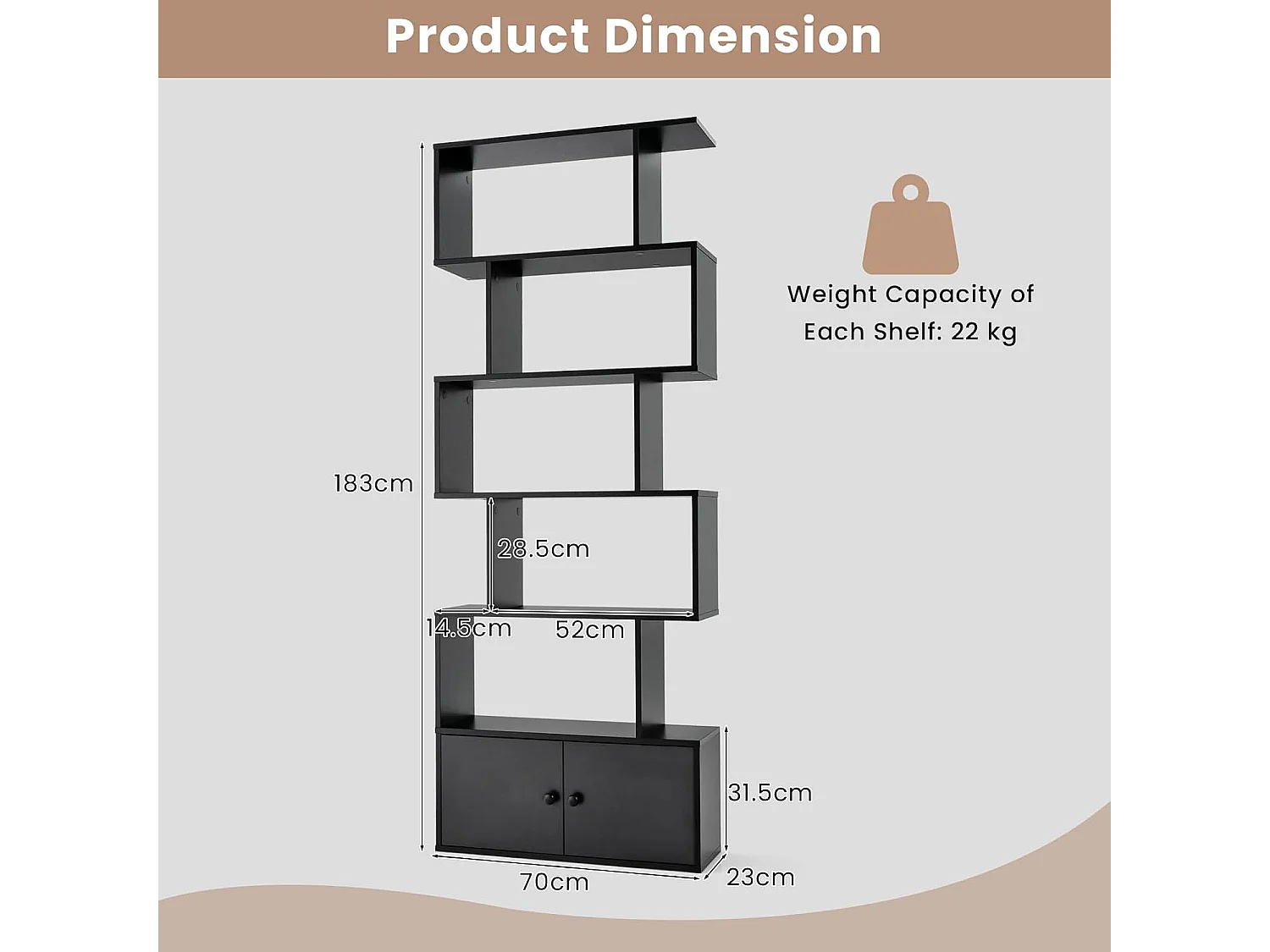Bibliothèque Étagère Échelle en Bois à 6 niveaux avec 2 Portes 70 x 23 x 183 cm Style Moderne Forme en S Noir