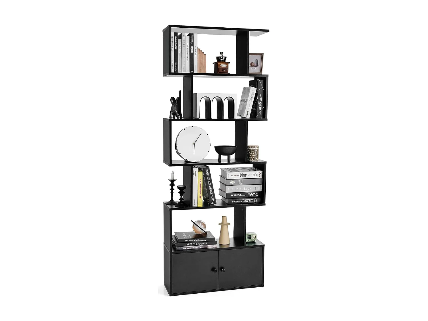 Libreria a forma di S a 5 livelli con ante, Scaffali decorativi in legno per il soggiorno l'ufficio Nero