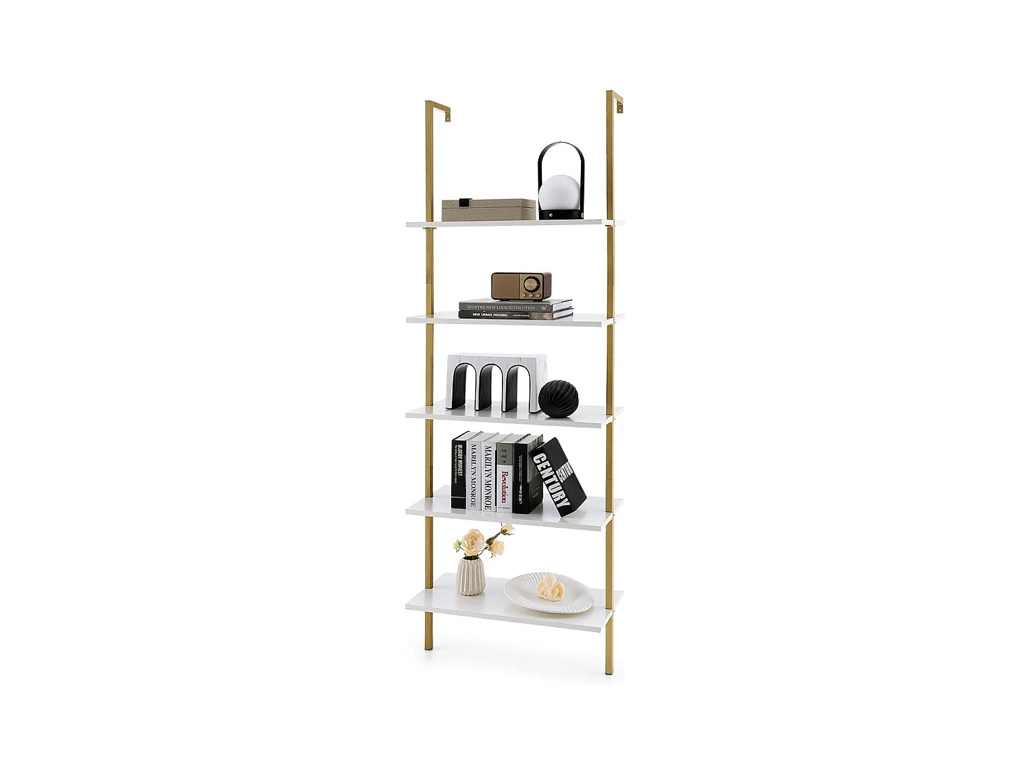 5-Stöckiges Leiterregal Wandregal mit Stahlrahmen 60 x 30 x 180 cm Weiß & Gold