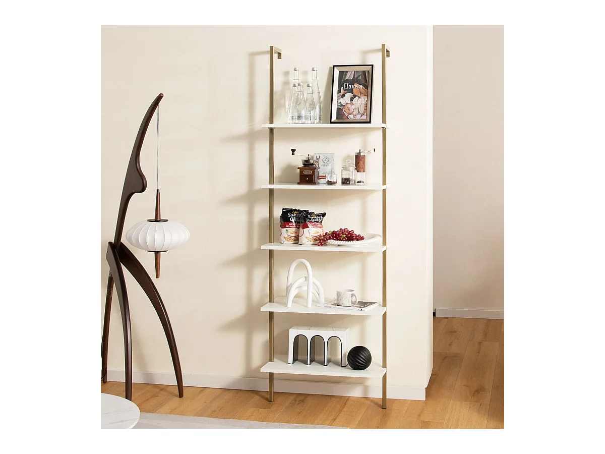 5-Stöckiges Leiterregal Wandregal mit Stahlrahmen 60 x 30 x 180 cm Weiß & Gold