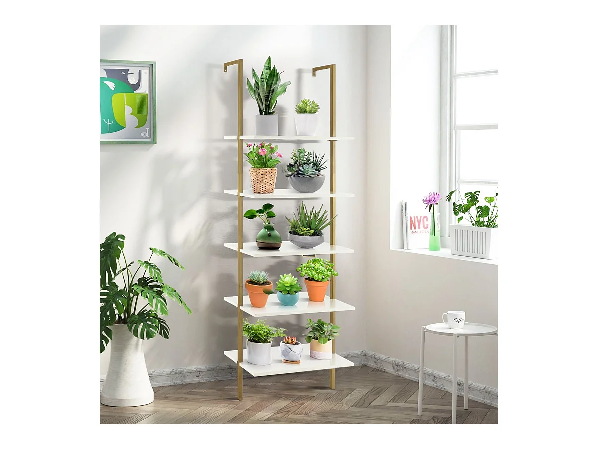 5-Stöckiges Leiterregal Wandregal mit Stahlrahmen 60 x 30 x 180 cm Weiß & Gold