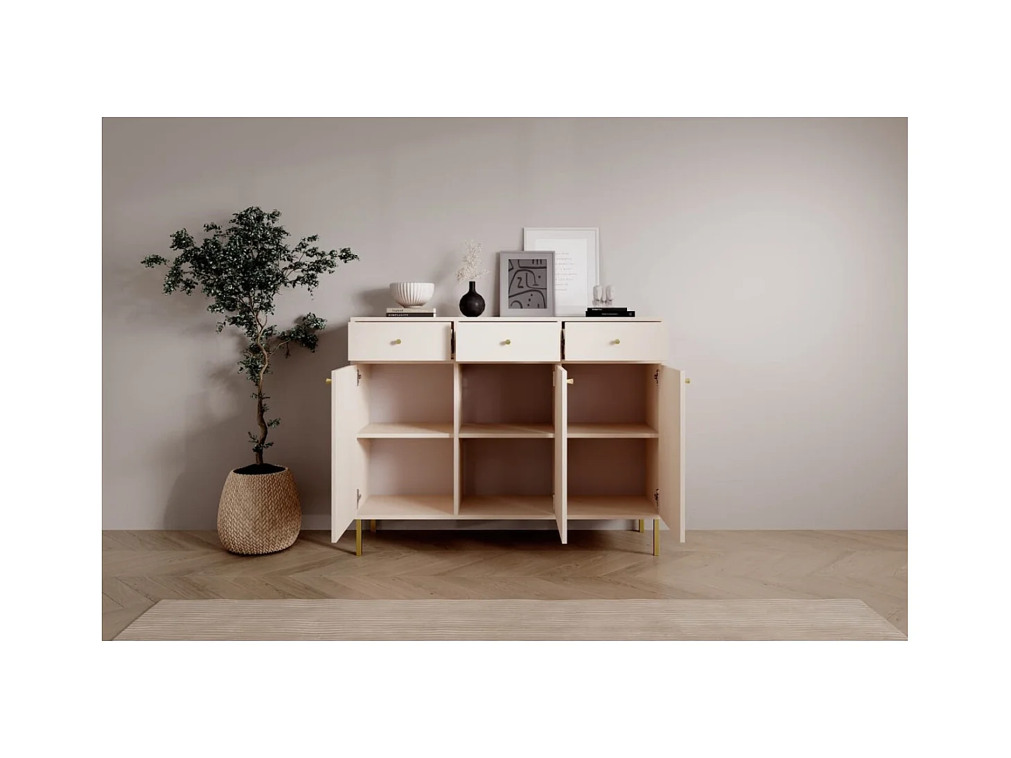 Credenza Tuli Line/ante a battente/cassetti/piano del mobile/Beige