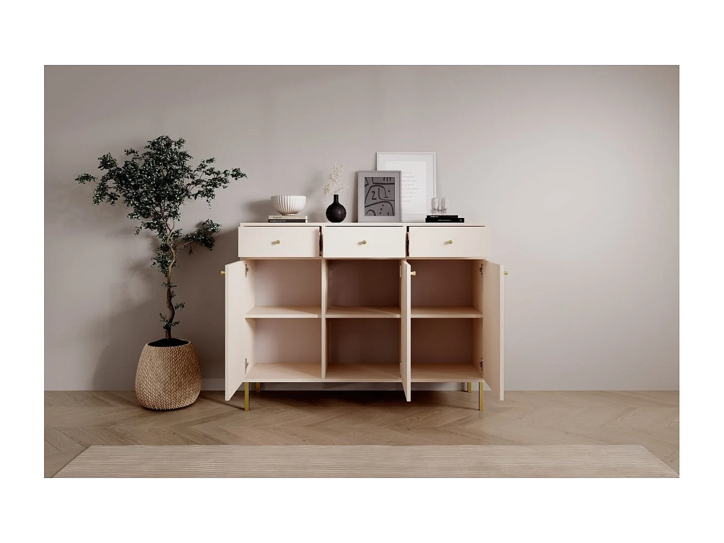 Credenza Tuli Line/ante a battente/cassetti/piano del mobile/Beige