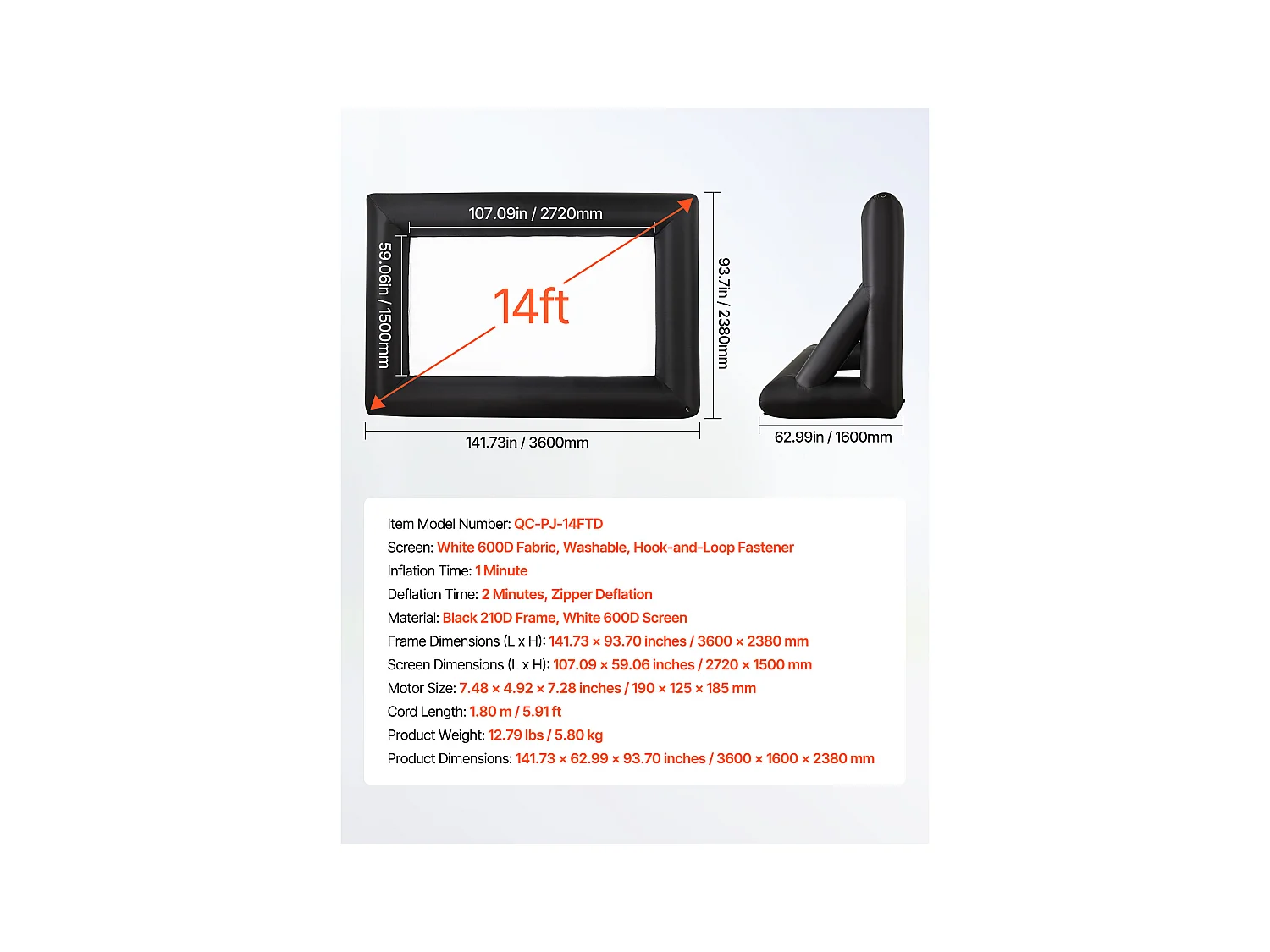 Écran de Projection Gonflable SucceBuy, Matériau 600D, Portable avec Sac de Rangement, Format 16:9, Idéal pour Home Cinéma, 378 x 160 x 317 cm