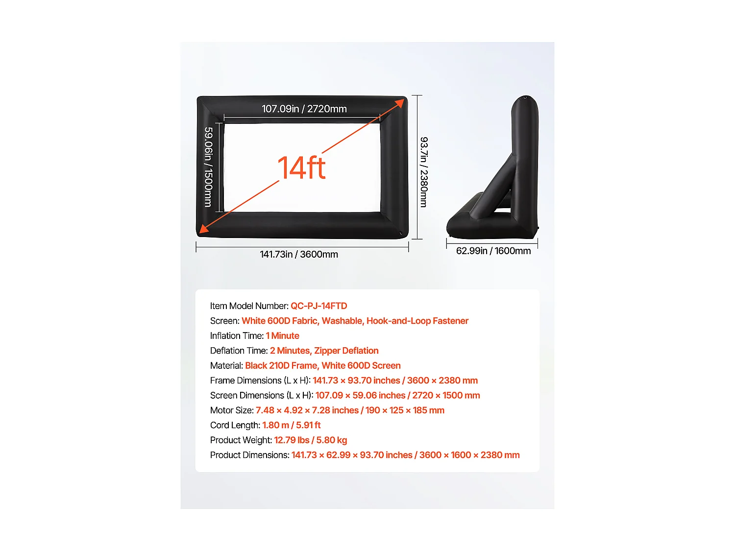 Écran de Projection Gonflable SucceBuy, Matériau 600D, Portable avec Sac de Rangement, Format 16:9, Idéal pour Home Cinéma, 378 x 160 x 317 cm