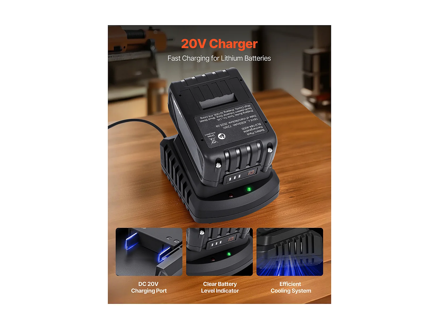 Bateria e Carregador 20 V SucceBuy, Bateria de Iões de Lítio 4 Ah Grande Capacidade, Indicador de Carga Claro, Compatível com Ferramentas de Série