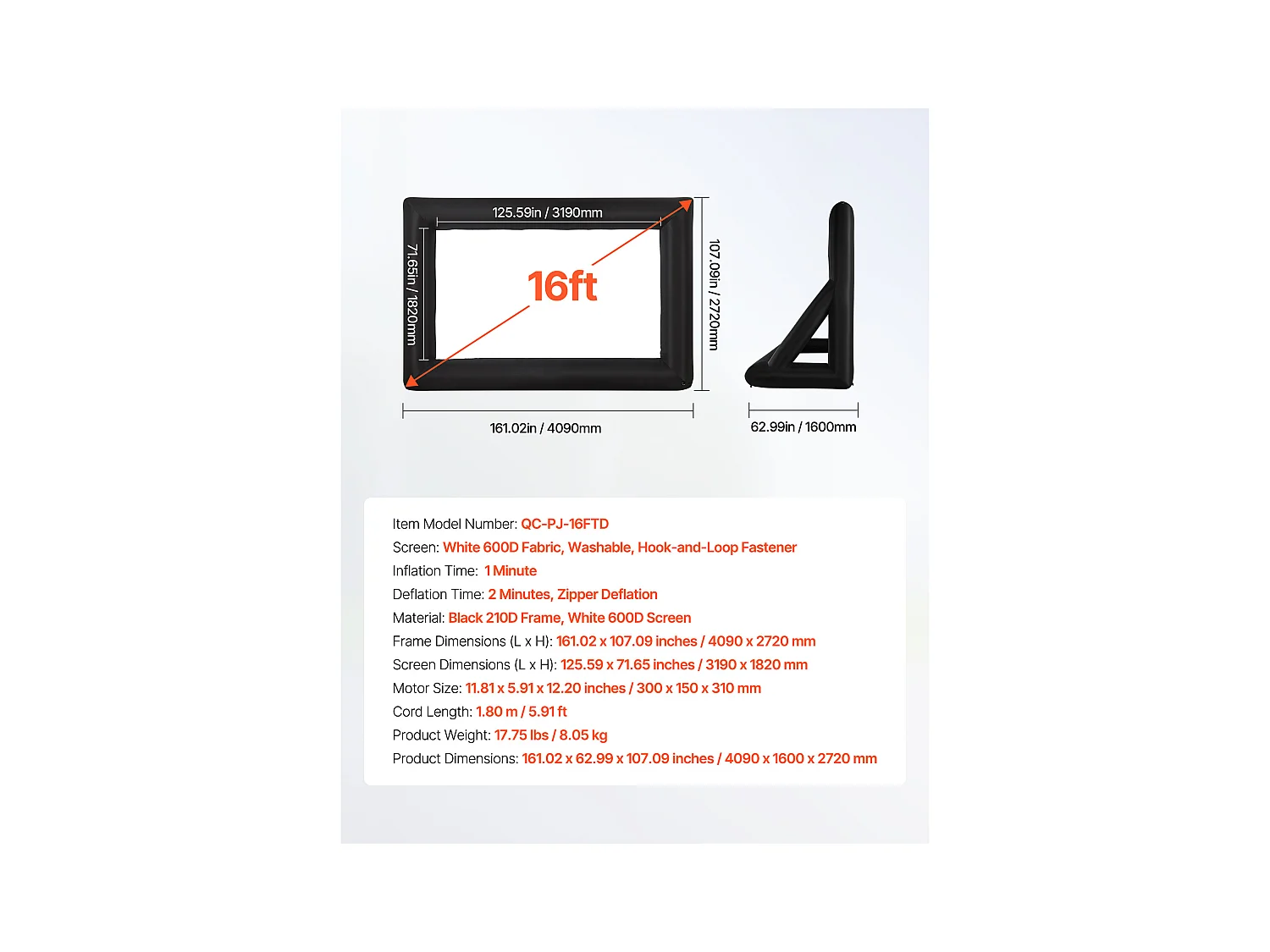 Écran de Projection Gonflable SucceBuy, Fabriqué en Matériau 600D Durable, Comprenant un Sac de Rangement Portable, Format 16:9, 409 x 160 x 272 cm