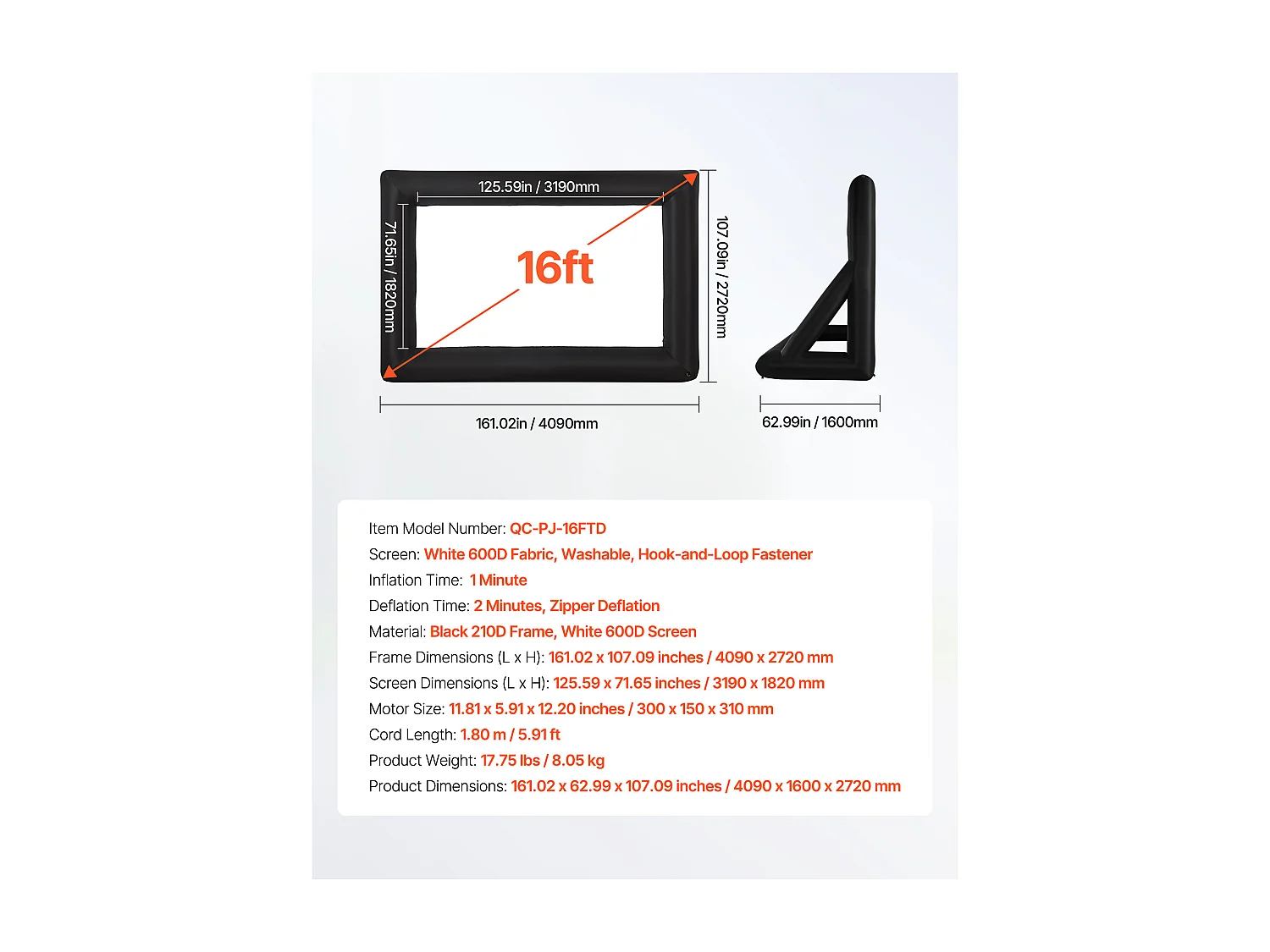 Écran de Projection Gonflable SucceBuy, Fabriqué en Matériau 600D Durable, Comprenant un Sac de Rangement Portable, Format 16:9, 409 x 160 x 272 cm