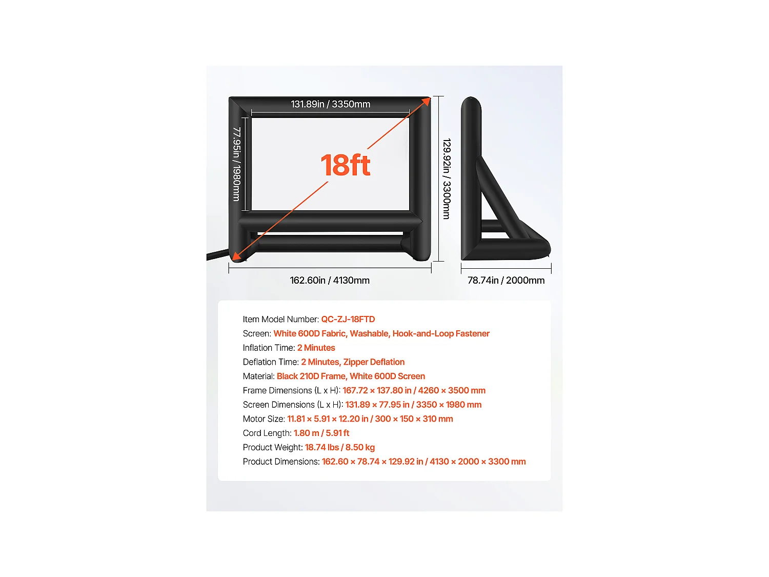 Nadmuchiwany Ekran do Projekcji SucceBuy, Wykonany z Wytrzymałego Materiału 600D, Wraz z Przenośnym Pokrowcem, Format 16:9, 413 x 160 x 330 cm