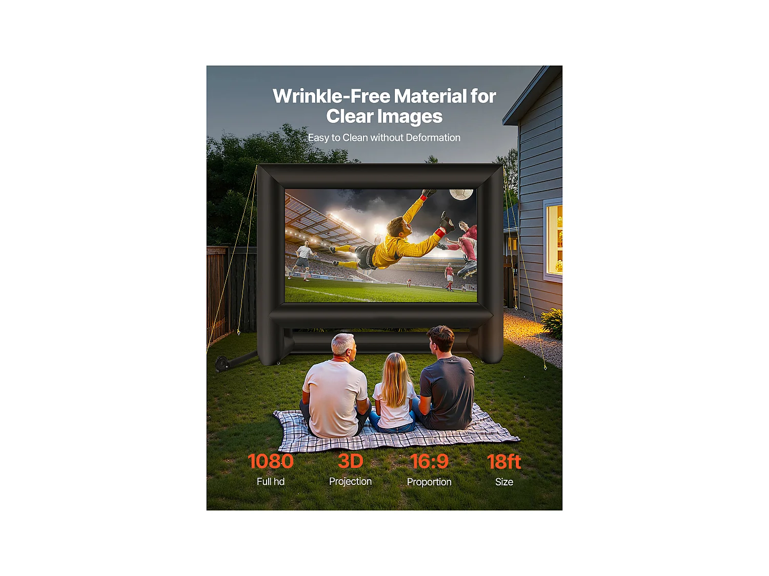 Nadmuchiwany Ekran do Projekcji SucceBuy, Wykonany z Wytrzymałego Materiału 600D, Wraz z Przenośnym Pokrowcem, Format 16:9, 413 x 160 x 330 cm