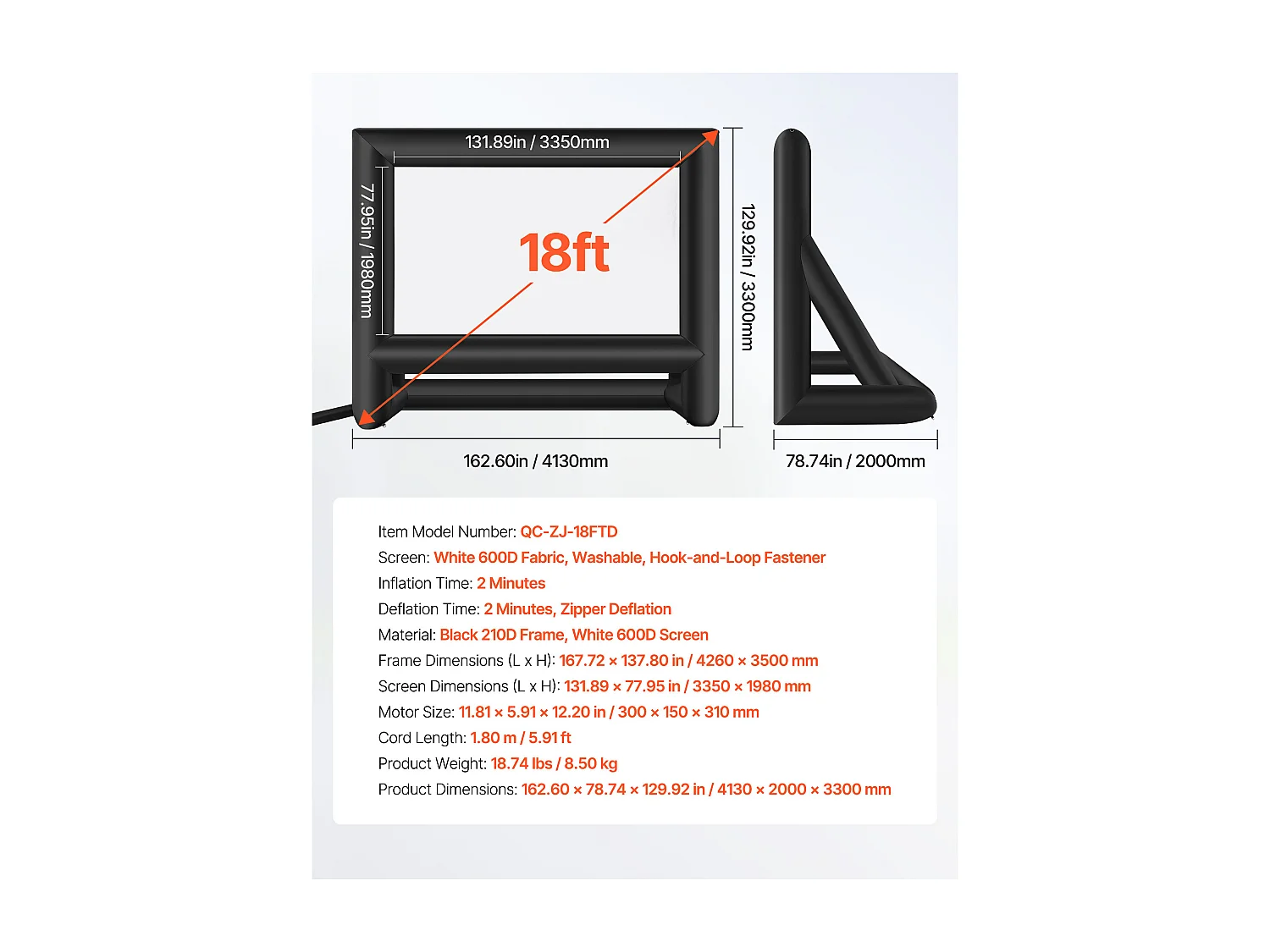 Écran de Projection Gonflable SucceBuy, Fabriqué en Matériau Robuste 600D, Y Compris Sac de Rangement Portable, Format 16:9, 413 x 160 x 330 cm
