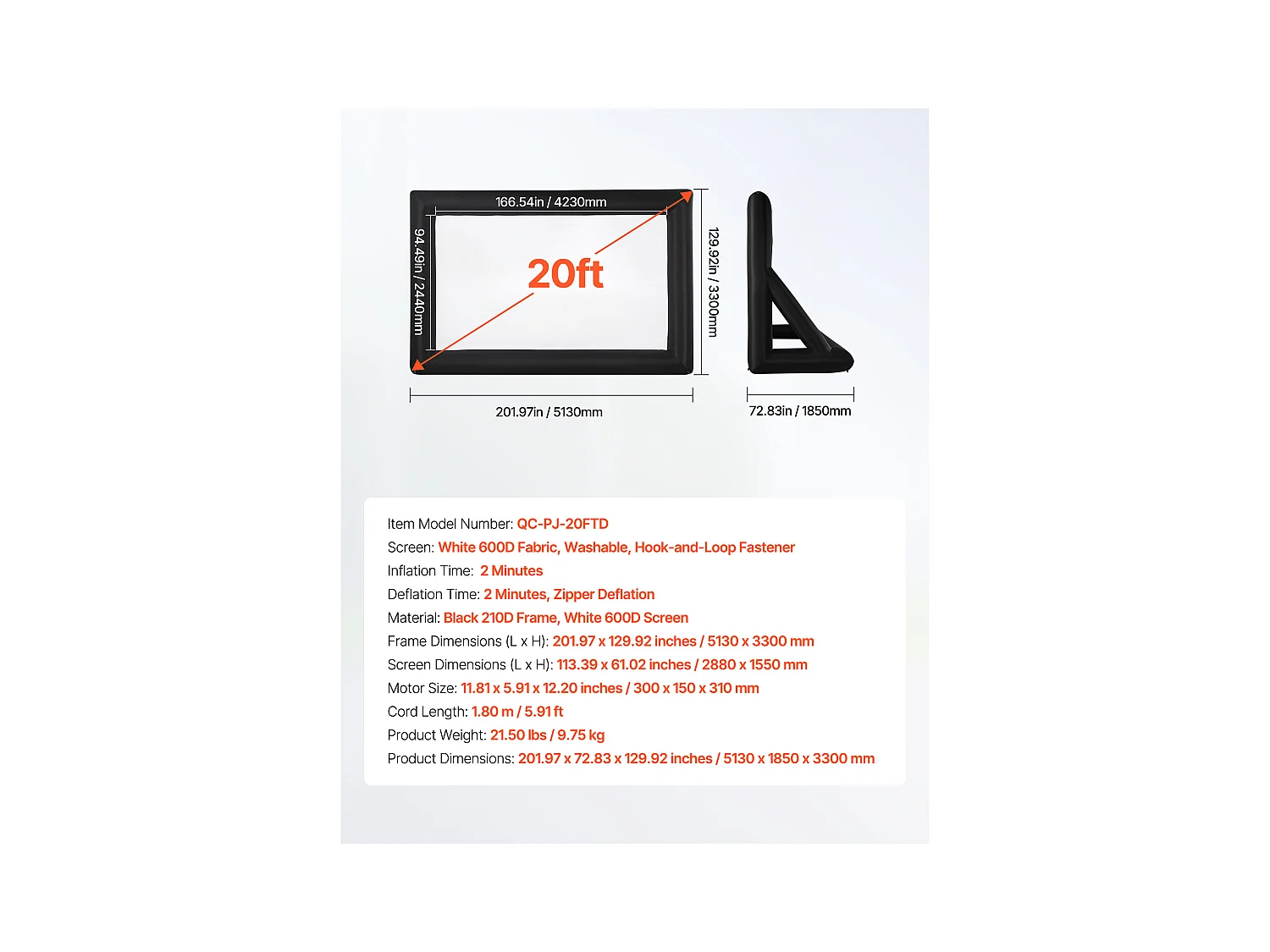 Écran de Projection Gonflable SucceBuy, Fabriqué en Matériau 600D Durable, Comprenant un Sac de Rangement Portable, Format 16:9, 409 x 160 x 272 cm