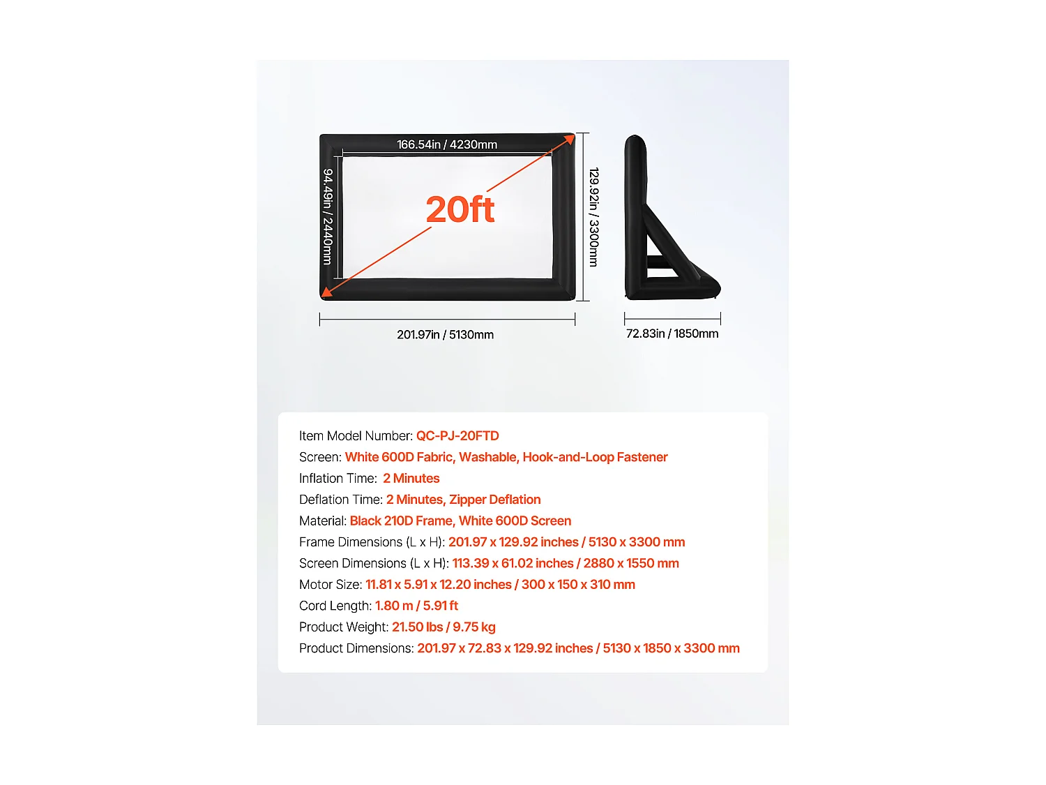 Pantalla de Proyección Inflable SucceBuy, Fabricada en Material 600D Duradero, Incluyendo Bolsa de Almacenamiento Portátil, Formato 16:9, 409 x 160 x 272 cm