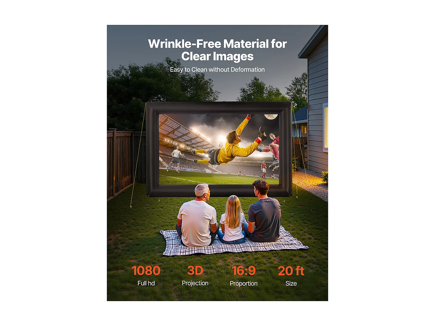 Pantalla de Proyección Inflable SucceBuy, Fabricada en Material 600D Duradero, Incluyendo Bolsa de Almacenamiento Portátil, Formato 16:9, 409 x 160 x 272 cm