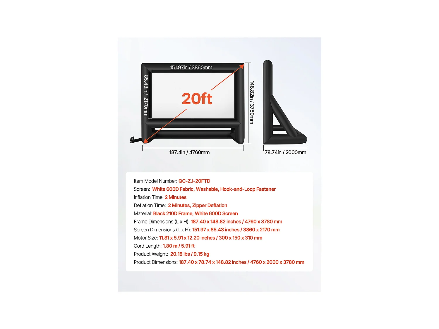 Écran de Projection Gonflable SucceBuy, Matériau 600D, Portable avec Sac de Rangement, Format 16:9, Idéal pour Home Cinéma, 476 x 200 x 378 cm