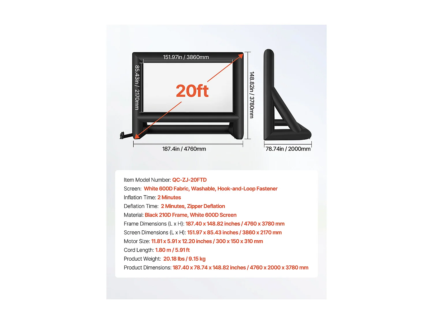 Écran de Projection Gonflable SucceBuy, Matériau 600D, Portable avec Sac de Rangement, Format 16:9, Idéal pour Home Cinéma, 476 x 200 x 378 cm