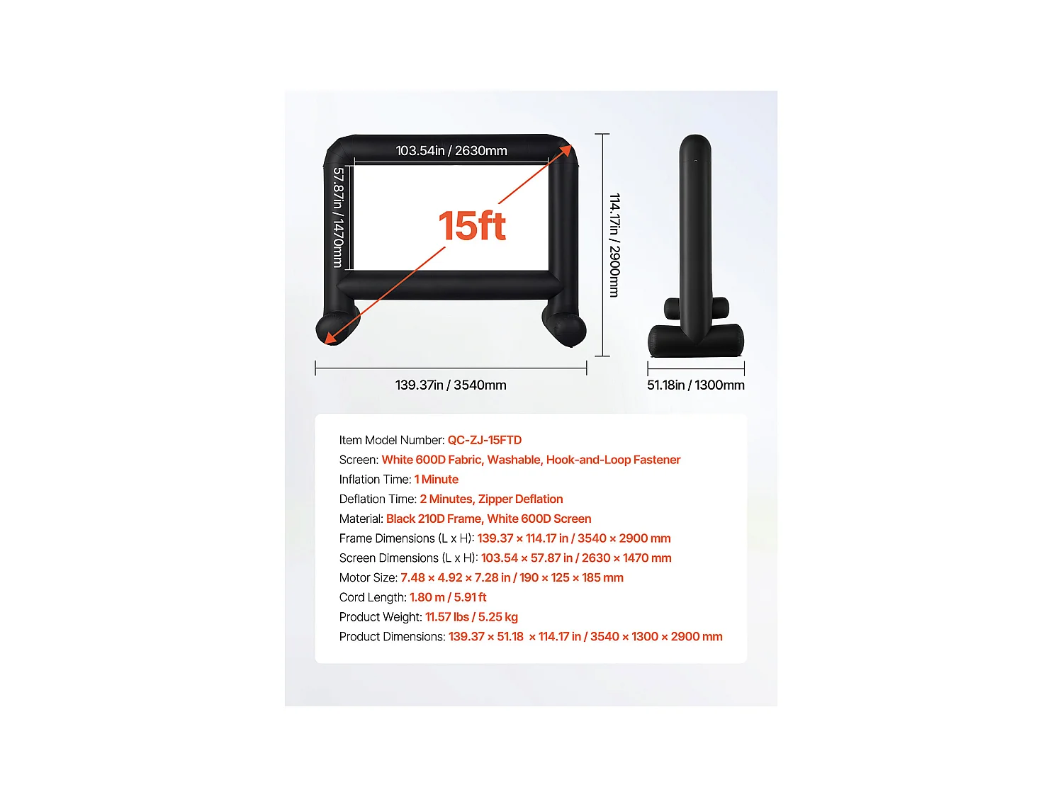 Écran de Projection Gonflable SucceBuy, Matériau 600D, Portable avec Sac de Rangement, Format 16:9, Idéal pour Home Cinéma, 354 x 130 x 290 cm