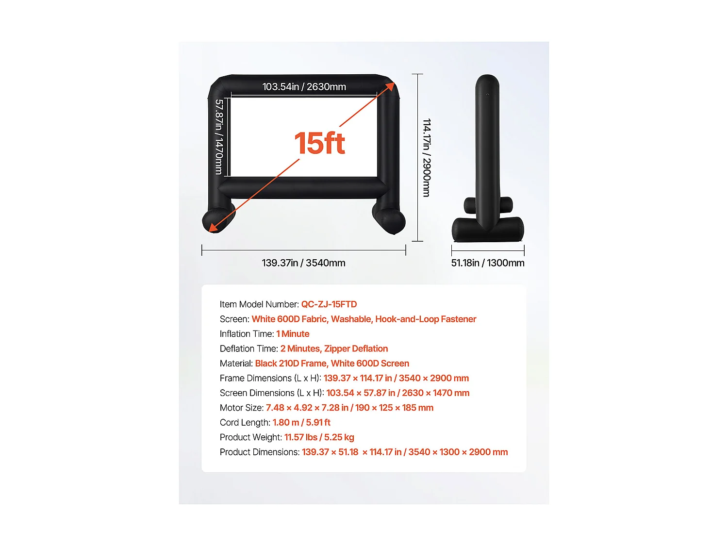 Écran de Projection Gonflable SucceBuy, Matériau 600D, Portable avec Sac de Rangement, Format 16:9, Idéal pour Home Cinéma, 354 x 130 x 290 cm
