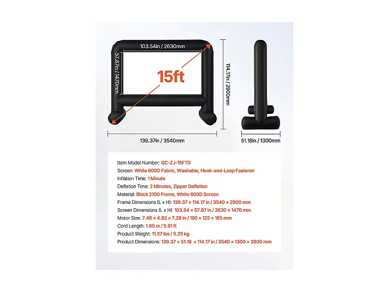 Écran de Projection Gonflable SucceBuy, Matériau 600D, Portable avec Sac de Rangement, Format 16:9, Idéal pour Home Cinéma, 354 x 130 x 290 cm