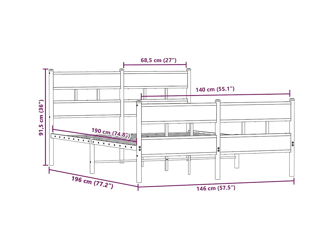 Lit double | Lit adulte | Cadre de lit en métal chêne sonoma 140x190 cm