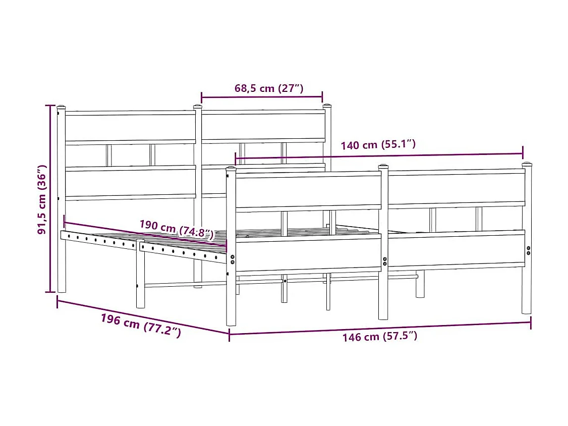 Lit double | Lit adulte | Cadre de lit en métal chêne sonoma 140x190 cm