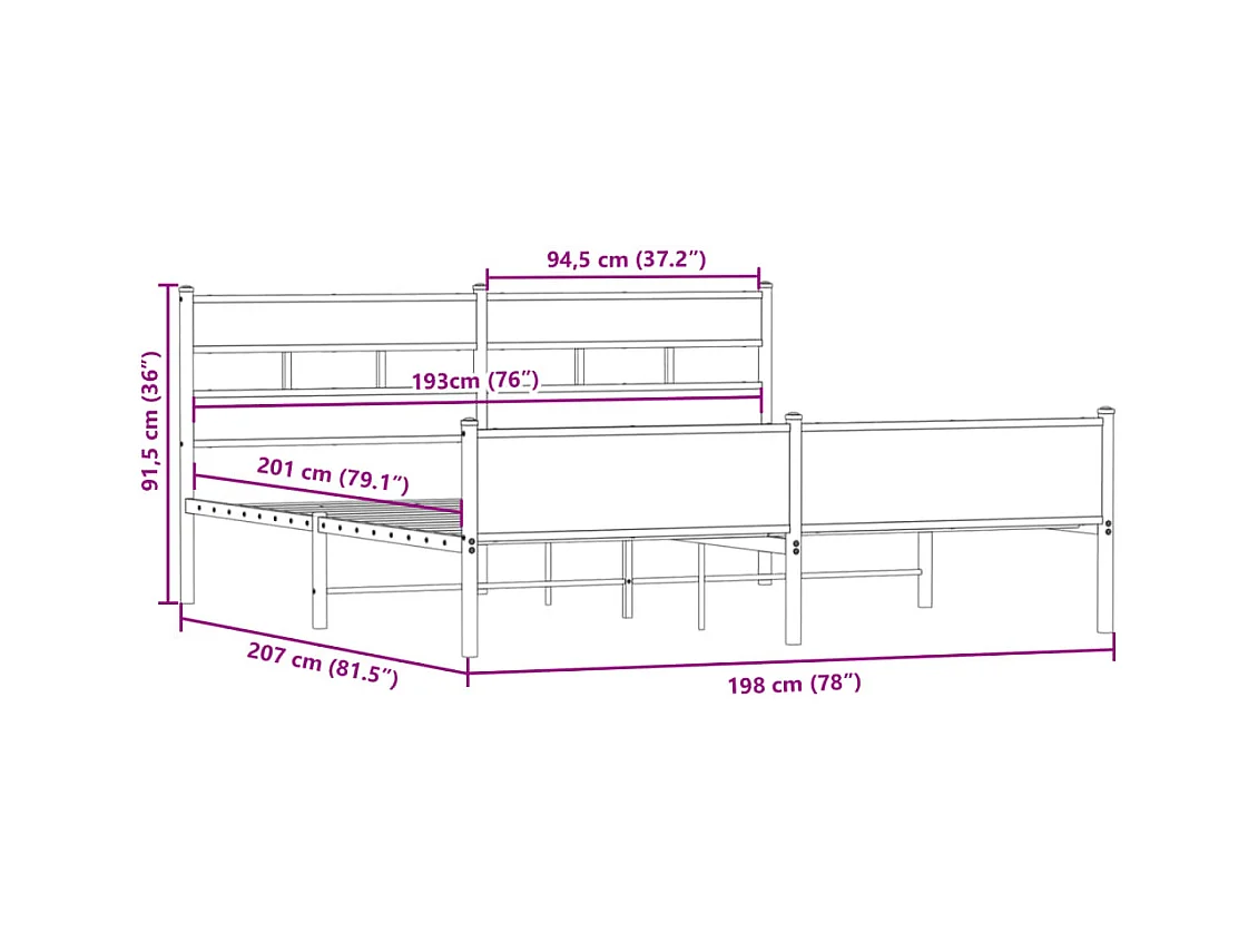 Lit double | Lit adulte | Cadre de lit en métal chêne fumé 193x203 cm