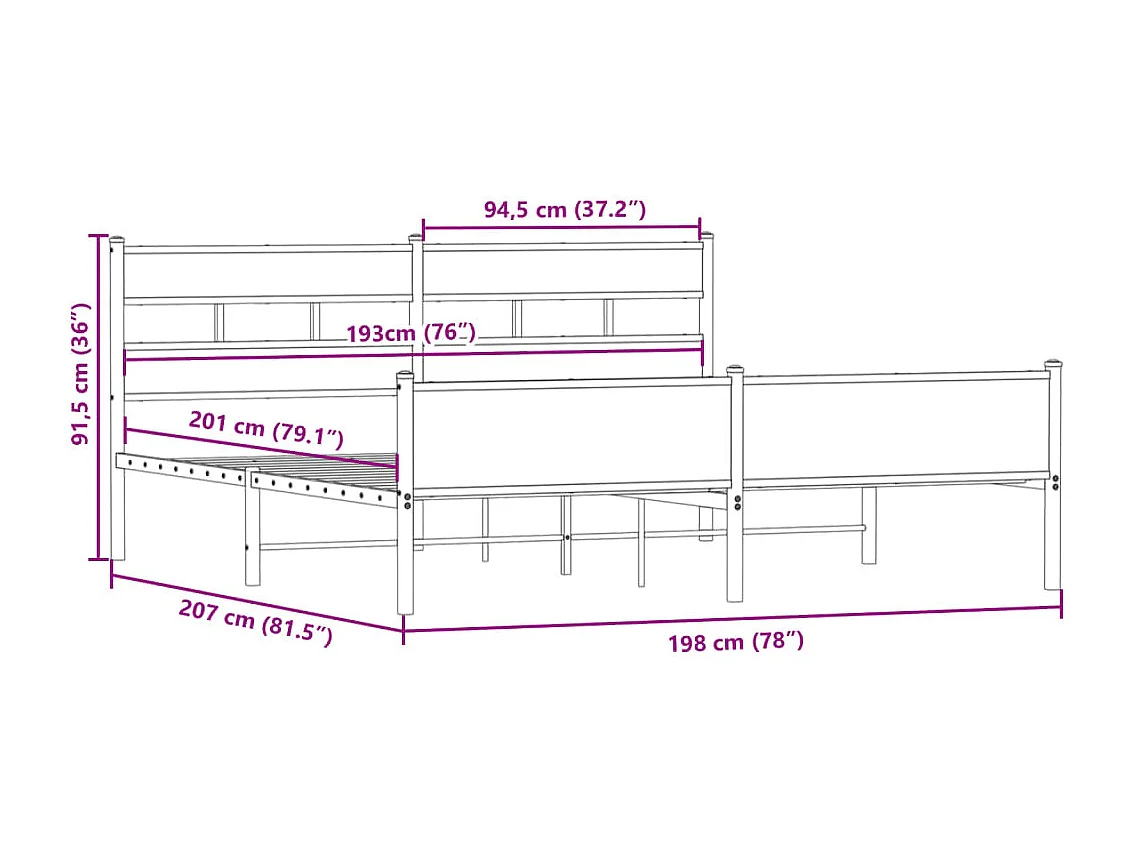 Lit double | Lit adulte | Cadre de lit en métal chêne fumé 193x203 cm