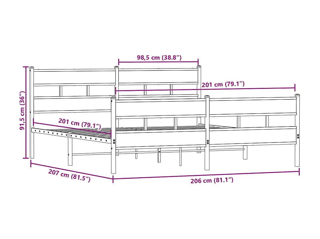 Letto per adulti | Letto matrimoniale | Giroletto senza Materaso in Metallo Rovere Fumo 200x200 cm